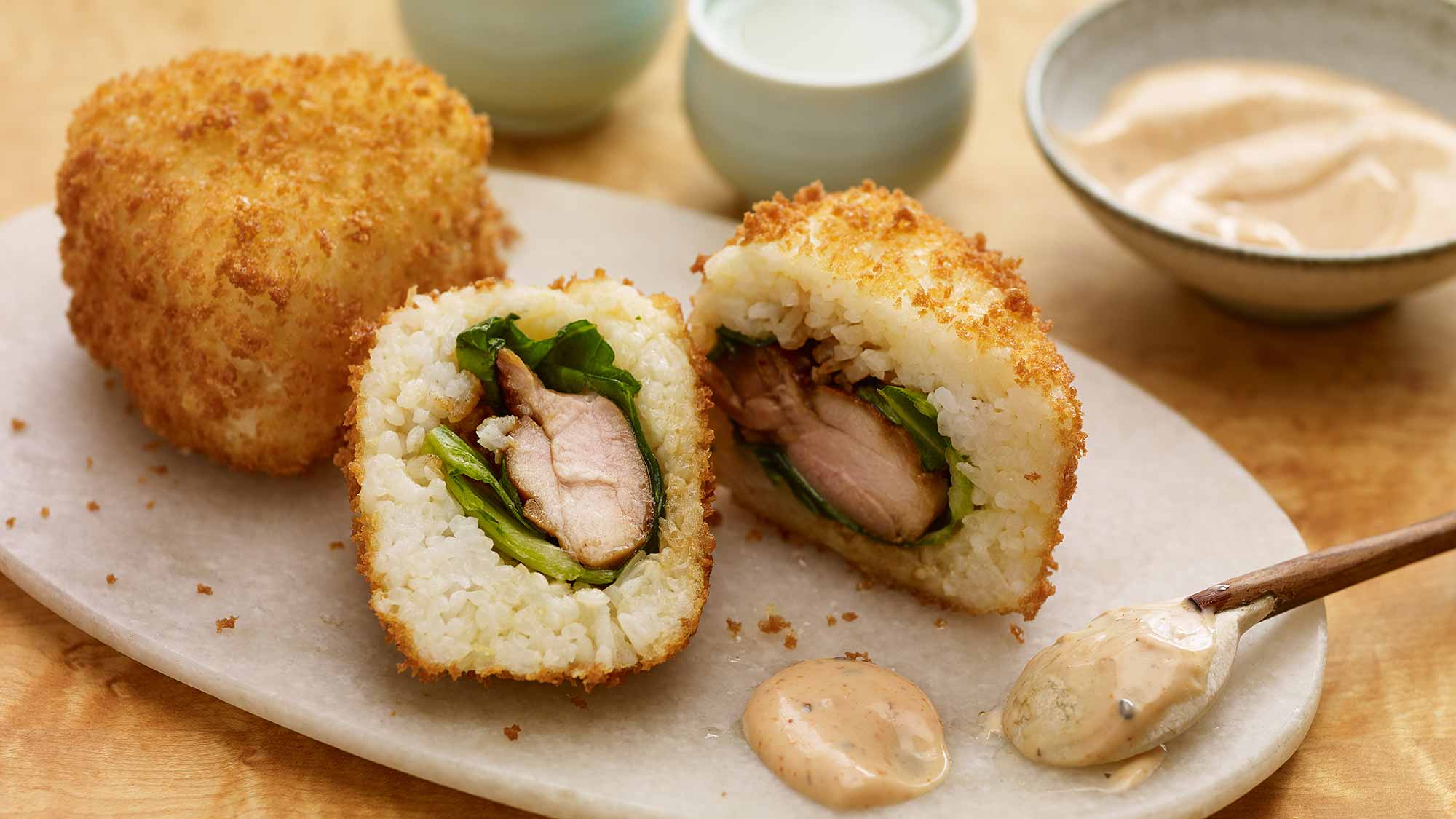 fried_chicken_rice_balls_with_creamy_plum_vinegar_ginger_sauce